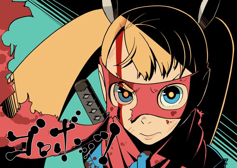 go robots, blonde hair, blood, blue eyes, katana, mask, portrait, solo, sword, twintails, weapon