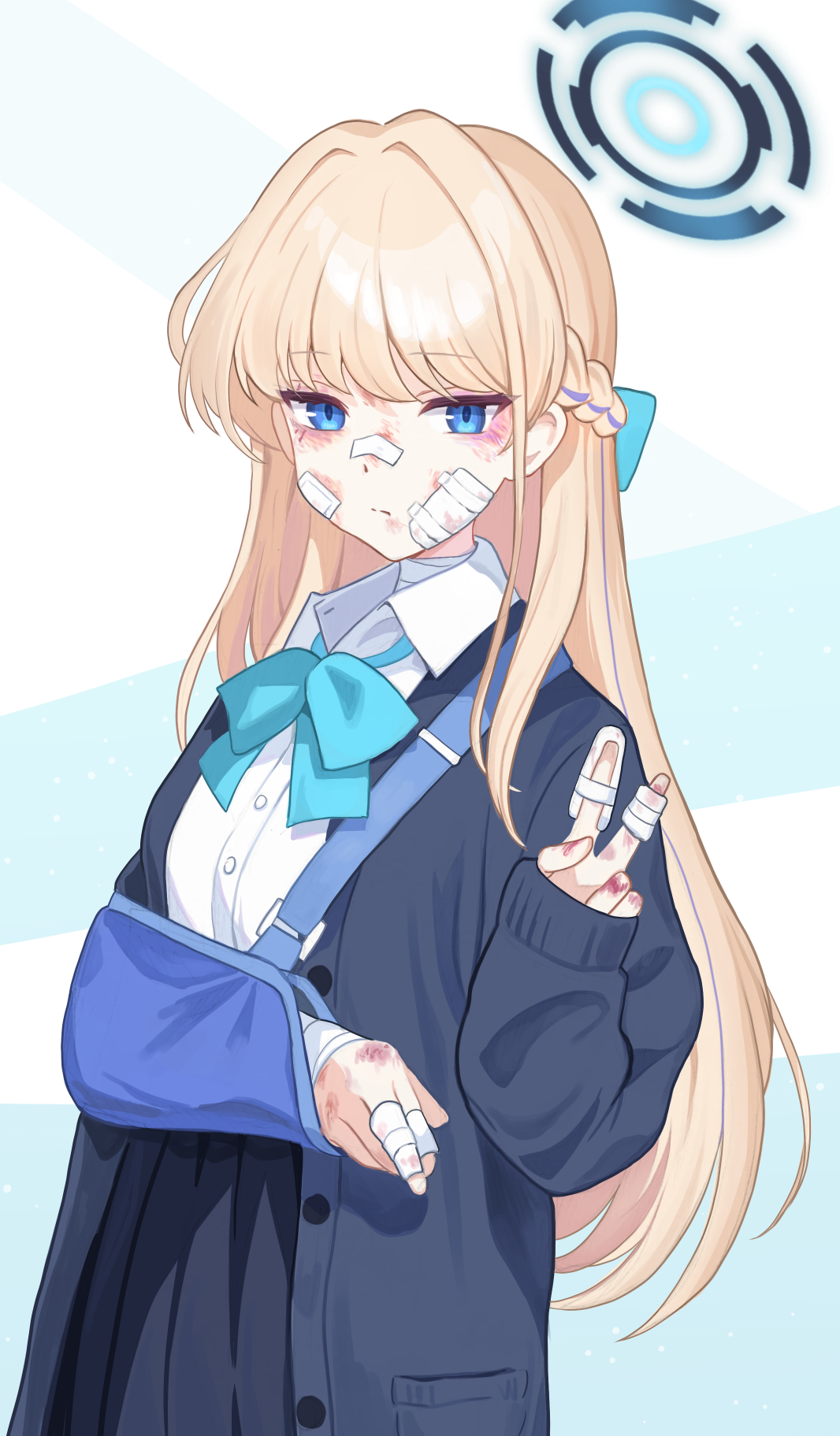 raftetram, toki (blue archive), toki (school uniform) (blue archive), blue archive, highres, 1girl, arm sling, bandaged arm, bandaged fingers, bandaged neck, bandages, bandaid, bandaid on cheek, bandaid on face, bandaid on nose, blonde hair, blue bow, blue bowtie, blue cardigan, blue eyes, blue halo, blue streaks, bow, bowtie, braid, bruise, bruise on arm, bruise on face, bruised eye, cardigan, collared shirt, hair bow, half up braid, halo, injury, long hair, long sleeves, looking at viewer, loose bowtie, open cardigan, open clothes, shirt, solo, v, very long hair, white shirt