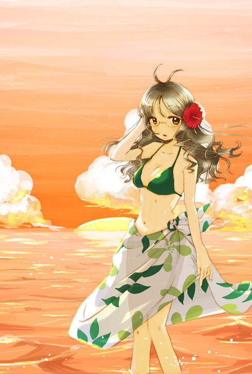 kawaizumi pome, akizuki ritsuko, idolmaster, idolmaster (classic), idolmaster 1, 00s, 1girl, :o, alternate hairstyle, arm up, bikini, brown hair, cloud, female focus, floral print, flower, glasses, green bikini, hair down, hair flower, hair ornament, hibiscus, looking at viewer, ocean, outdoors, sarong, see-through clothes, see-through sarong, sky, solo, sunset, swimsuit, twilight, wading, water, wind
