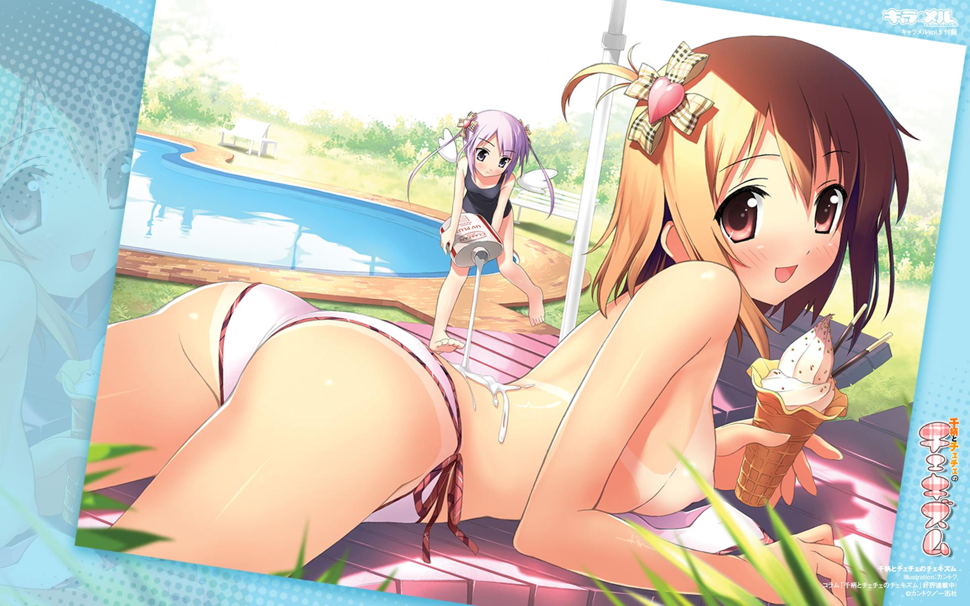 kantoku, charamel, highres, 2girls, ahoge, ass, barefoot, beach umbrella, bikini, bikini tan, blurry, blush, breasts, brown hair, censored, censored nipples, chair, convenient censoring, depth of field, dutch angle, fairy, flying, food, hair ornament, hair ribbon, hairpin, heart, ice cream, looking back, lotion, lounge chair, lying, medium breasts, mini person, minigirl, multiple girls, on stomach, one-piece swimsuit, park, pink eyes, pocky, pool, pouring, puffy nipples, purple eyes, purple hair, ribbon, school swimsuit, shade, side-tie bikini bottom, smile, sunbathing, swimsuit, tan, tanline, topfreedom, topless female, umbrella, untied bikini, wings, zoom layer