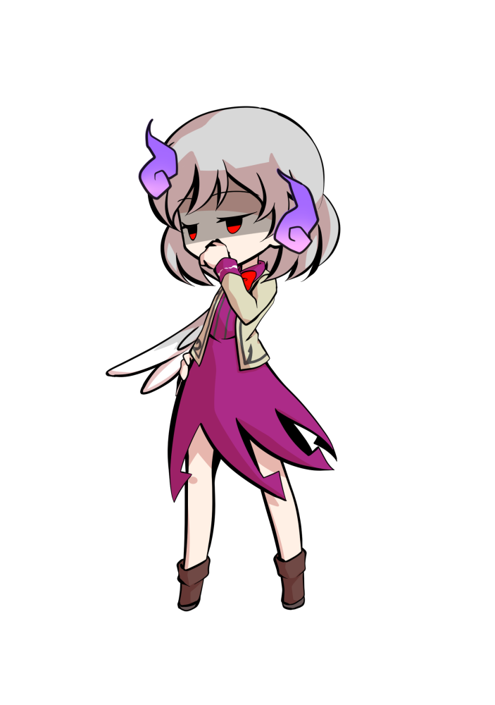 dairi, kishin sagume, legacy of lunatic kingdom, touhou, commentary request, large variant set, variant set, 1girl, boots, bow, bowtie, brown boots, brown jacket, covering own mouth, dress, feathered wings, full body, gloom (expression), grey hair, hair between eyes, half-closed eyes, hand on own hip, hand up, jacket, jacket over dress, looking ahead, medium hair, open clothes, open jacket, purple dress, red bow, red bowtie, red eyes, shaded face, sidelocks, simple background, single wing, solo, standing, tachi-e, transparent background, white wings, wings
