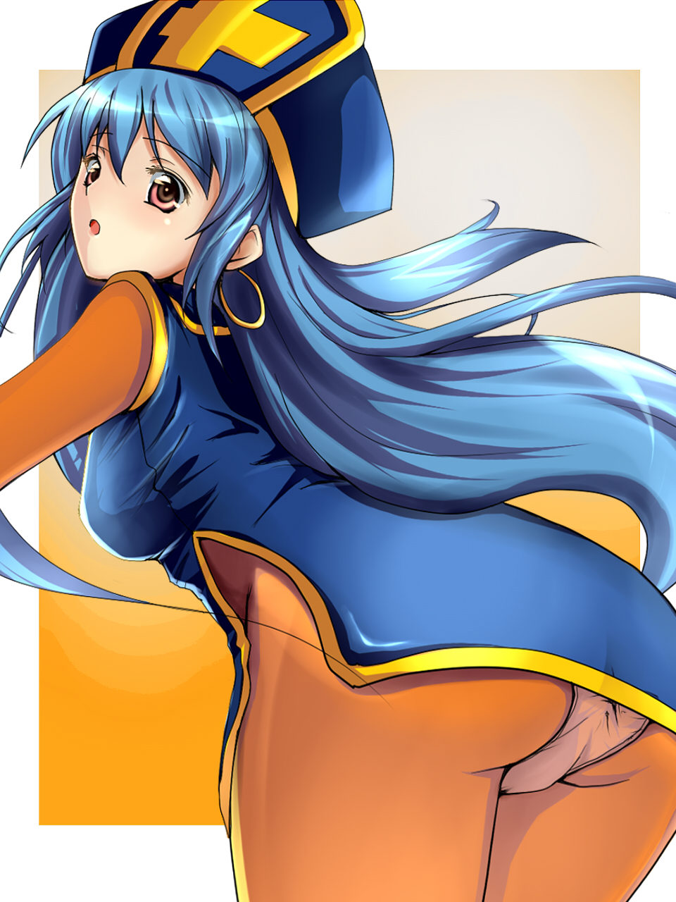 warabino matsuri, priest (dq3), chunsoft, dragon quest, dragon quest iii, enix, bad id, bad pixiv id, highres, 1girl, :o, ass, bent over, blue hair, blush, bodysuit, cross, dress, earrings, female focus, hat, hoop earrings, jewelry, long hair, looking back, mitre, open mouth, panties, panties under pantyhose, pantyhose, pantyshot, pink eyes, short dress, skin tight, solo, surprised, tabard, underwear, upskirt, very long hair, white panties