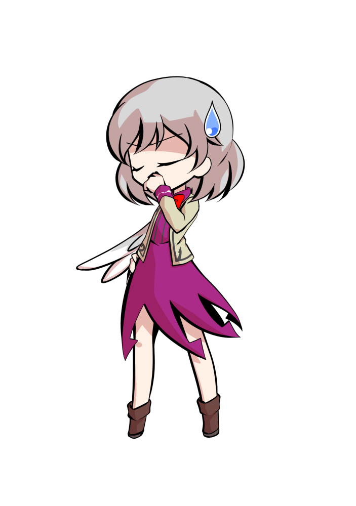dairi, kishin sagume, legacy of lunatic kingdom, touhou, commentary request, large variant set, variant set, 1girl, boots, bow, bowtie, brown boots, brown jacket, closed eyes, comedic sweatdrop, covering own mouth, dress, facing ahead, feathered wings, full body, grey hair, hair between eyes, hand on own hip, hand up, jacket, jacket over dress, medium hair, open clothes, open jacket, purple dress, red bow, red bowtie, sidelocks, simple background, single wing, solo, standing, sweatdrop, tachi-e, transparent background, v-shaped eyebrows, white wings, wings