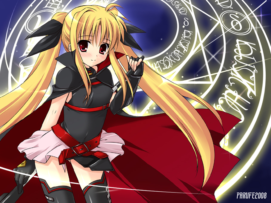 hayashi sakura, fate testarossa, fate testarossa (lightning form), lyrical nanoha, mahou shoujo lyrical nanoha, 00s, 1girl, black gloves, black thighhighs, blonde hair, blush, cape, female focus, gloves, looking at viewer, magic circle, red eyes, sidelocks, solo, standing, thighhighs, twintails