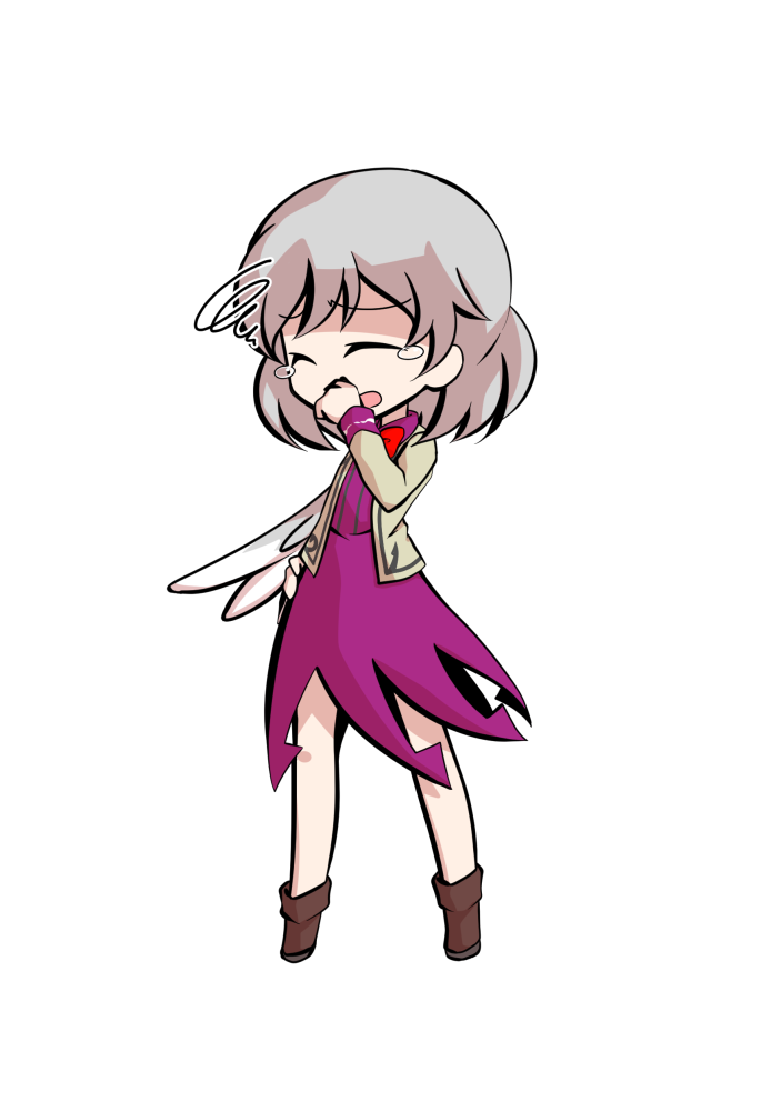 dairi, kishin sagume, legacy of lunatic kingdom, touhou, commentary request, large variant set, variant set, 1girl, :d, ^ ^, boots, bow, bowtie, brown boots, brown jacket, closed eyes, covering own mouth, dress, facing ahead, feathered wings, full body, grey hair, hair between eyes, hand on own hip, hand up, jacket, jacket over dress, medium hair, open clothes, open jacket, open mouth, purple dress, red bow, red bowtie, sidelocks, simple background, single wing, smile, solo, spiral, standing, tachi-e, tearing up, transparent background, white wings, wings