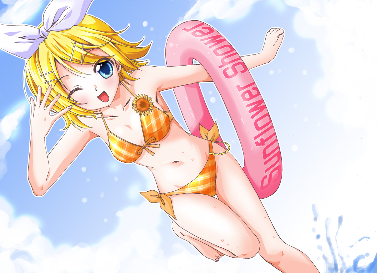 ayakaze ryuushou, kagamine rin, vocaloid, 1girl, bikini, blonde hair, blue eyes, bow, breasts, female focus, innertube, one eye closed, orange bikini, outdoors, plaid bikini, plaid clothes, short hair, side-tie bikini bottom, sky, smile, solo, swim ring, swimsuit, wet, wink