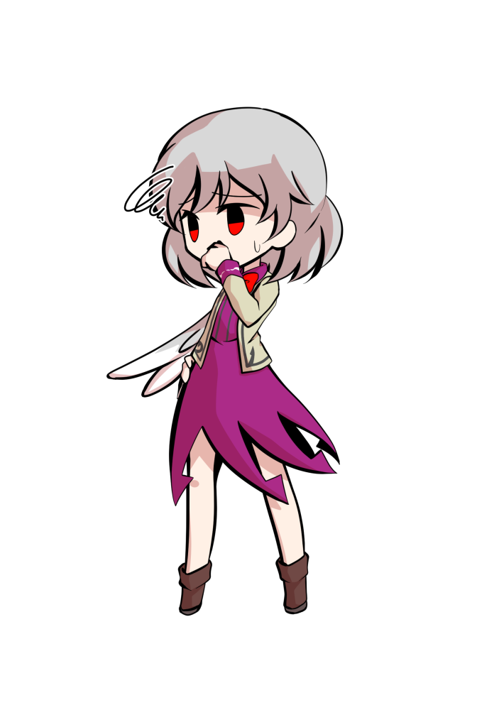 dairi, kishin sagume, legacy of lunatic kingdom, touhou, commentary request, large variant set, variant set, 1girl, boots, bow, bowtie, brown boots, brown jacket, covering own mouth, dress, feathered wings, full body, grey hair, hair between eyes, hand on own hip, hand up, jacket, jacket over dress, looking ahead, medium hair, open clothes, open jacket, purple dress, red bow, red bowtie, red eyes, sidelocks, simple background, single wing, solo, spiral, standing, sweatdrop, tachi-e, transparent background, white wings, wings