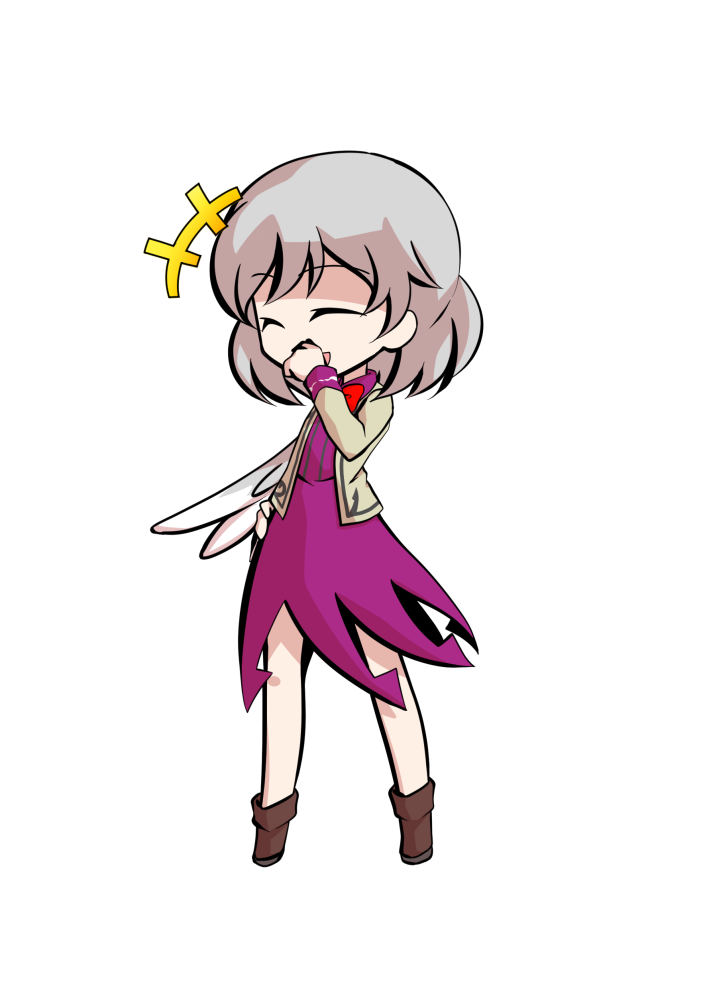 dairi, kishin sagume, legacy of lunatic kingdom, touhou, commentary request, large variant set, variant set, 1girl, :d, ^ ^, boots, bow, bowtie, brown boots, brown jacket, closed eyes, covering own mouth, dress, facing ahead, feathered wings, full body, grey hair, hair between eyes, hand on own hip, hand up, jacket, jacket over dress, medium hair, open clothes, open jacket, open mouth, purple dress, red bow, red bowtie, sidelocks, simple background, single wing, smile, solo, standing, tachi-e, talking, transparent background, white wings, wings