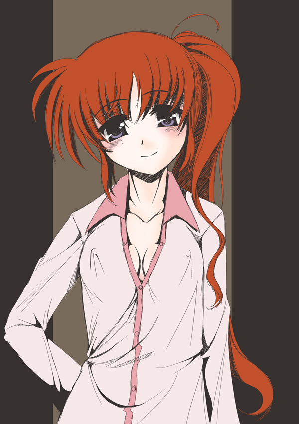 frapowa, takamachi nanoha, lyrical nanoha, mahou shoujo lyrical nanoha, mahou shoujo lyrical nanoha strikers, 00s, 1girl, ahoge, blue eyes, blush, breasts, cleavage, covered erect nipples, female focus, long hair, pajamas, ponytail, purple eyes, red hair, side ponytail, smile, solo