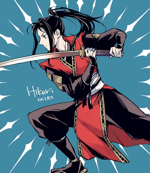 grel (r6hgvu5), hikari ku, octopath traveler, octopath traveler ii, commentary, symbol-only commentary, 1boy, black eyes, black hair, black socks, blue background, character name, closed mouth, copyright name, high ponytail, holding, holding sword, holding weapon, japanese clothes, male focus, platform sandals, ponytail, sandals, socks, solo, sword, tabi, weapon, zouri