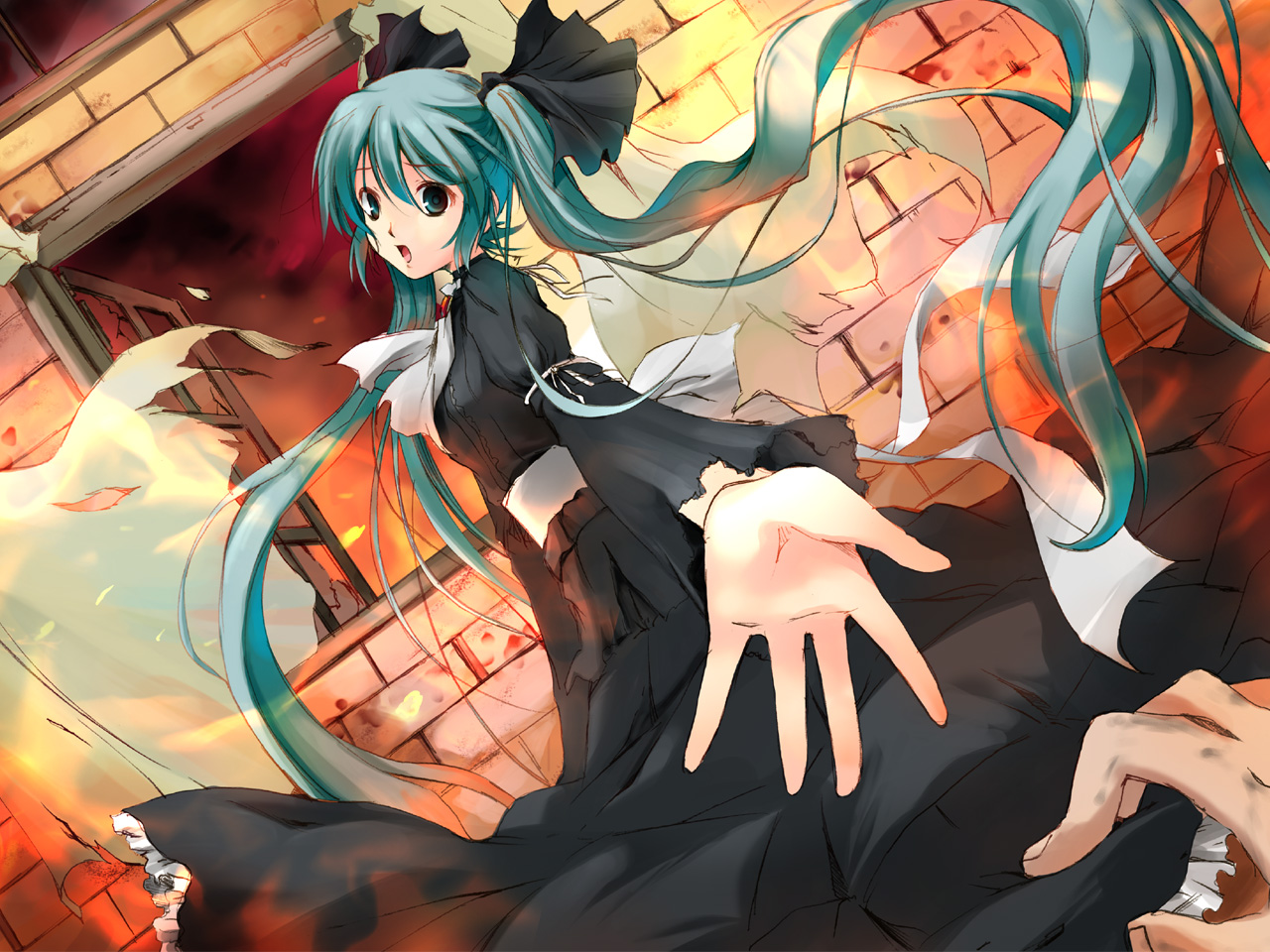 ayakaze ryuushou, hatsune miku, vocaloid, 1girl, aqua hair, bow, dress, female focus, indoors, long hair, male hand, solo, twintails, very long hair, wind, window
