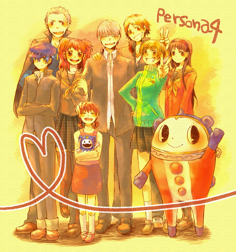 amagi yukiko, doujima nanako, hanamura yousuke, jack frost (megami tensei), kujikawa rise, kuma (persona 4), narukami yu, satonaka chie, shirogane naoto, tatsumi kanji, atlus, persona, persona 4, 3boys, 5girls, androgynous, child, everyone, happy, hat, heart, heart of string, multiple boys, multiple girls, newsboy cap, pantyhose, reverse trap, short twintails, smile, twintails, v