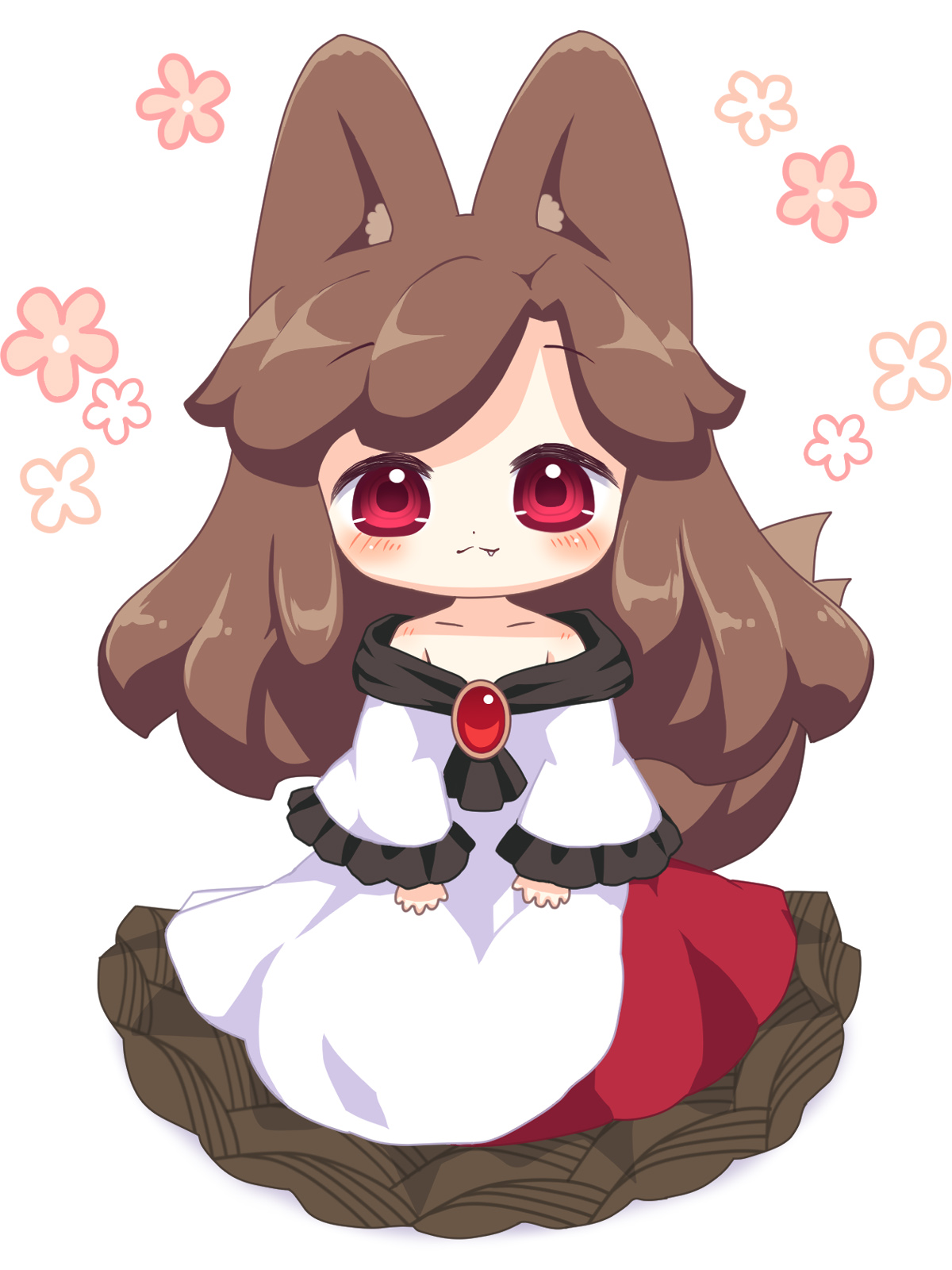 bebeneko, imaizumi kagerou, touhou, highres, 1girl, animal ears, bare shoulders, blush, brown hair, chibi, chibi only, closed mouth, dot nose, dress, fang, fang out, frilled sleeves, frills, full body, long hair, long sleeves, looking at viewer, off shoulder, red dress, red eyes, shoulder blush, simple background, smile, solo, standing, tail, two-tone dress, white background, white dress, wide sleeves, wolf ears, wolf tail
