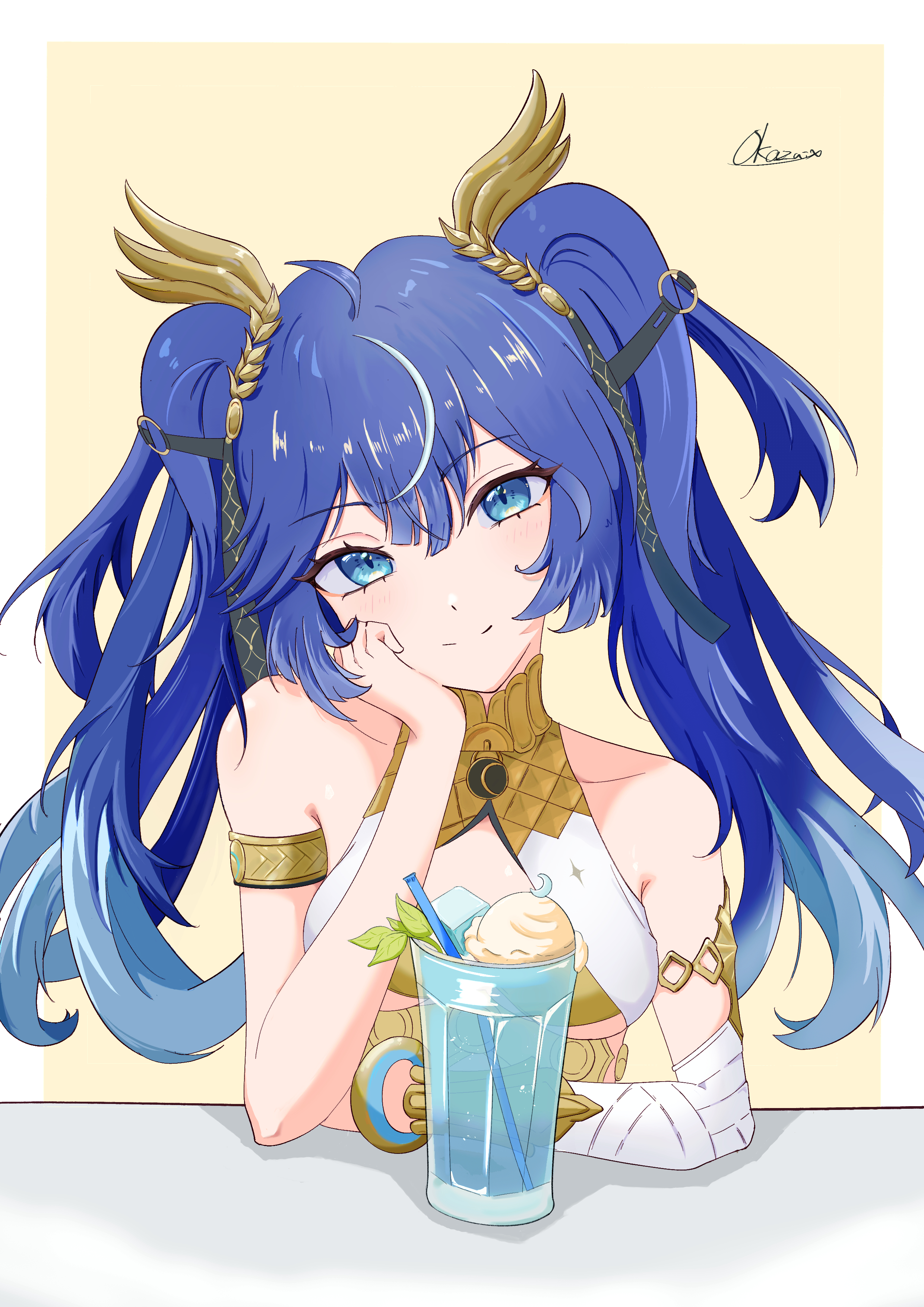 okazuix, iuno (wuthering waves), wuthering waves, absurdres, commentary, english commentary, highres, 1girl, ahoge, armlet, bare shoulders, blue eyes, blue hair, border, breasts, closed mouth, food, gold bra, gradient hair, hair belt, head rest, head tilt, head wreath, ice cream, ice cream float, jewelry, long hair, looking at viewer, medium breasts, multicolored hair, signature, sitting, smile, solo, streaked hair, twintails, white border, yellow background