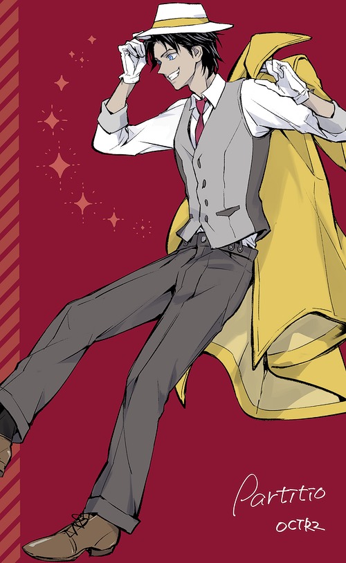 grel (r6hgvu5), partitio yellowil, octopath traveler, octopath traveler ii, commentary, symbol-only commentary, 1boy, black hair, brown shoes, character name, collared shirt, copyright name, formal clothes, gloves, grey pants, grey suit, hat, holding, holding jacket, holding unworn clothes, jacket, male focus, necktie, pants, red background, red necktie, shirt, shoes, smile, solo, sparkle, suit, unworn jacket, white gloves, white hat, white shirt