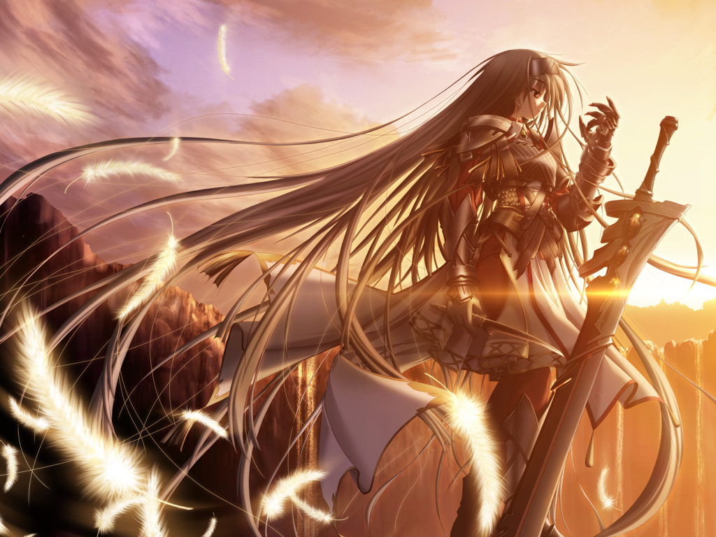 yuuki makoto (radiant), sione, primitive link, 1girl, armor, black hair, cloak, cloud, feathers, female focus, gauntlets, knife, long hair, red eyes, sky, solo, standing, sunlight, sunrise, sunset, sword, water, waterfall, weapon