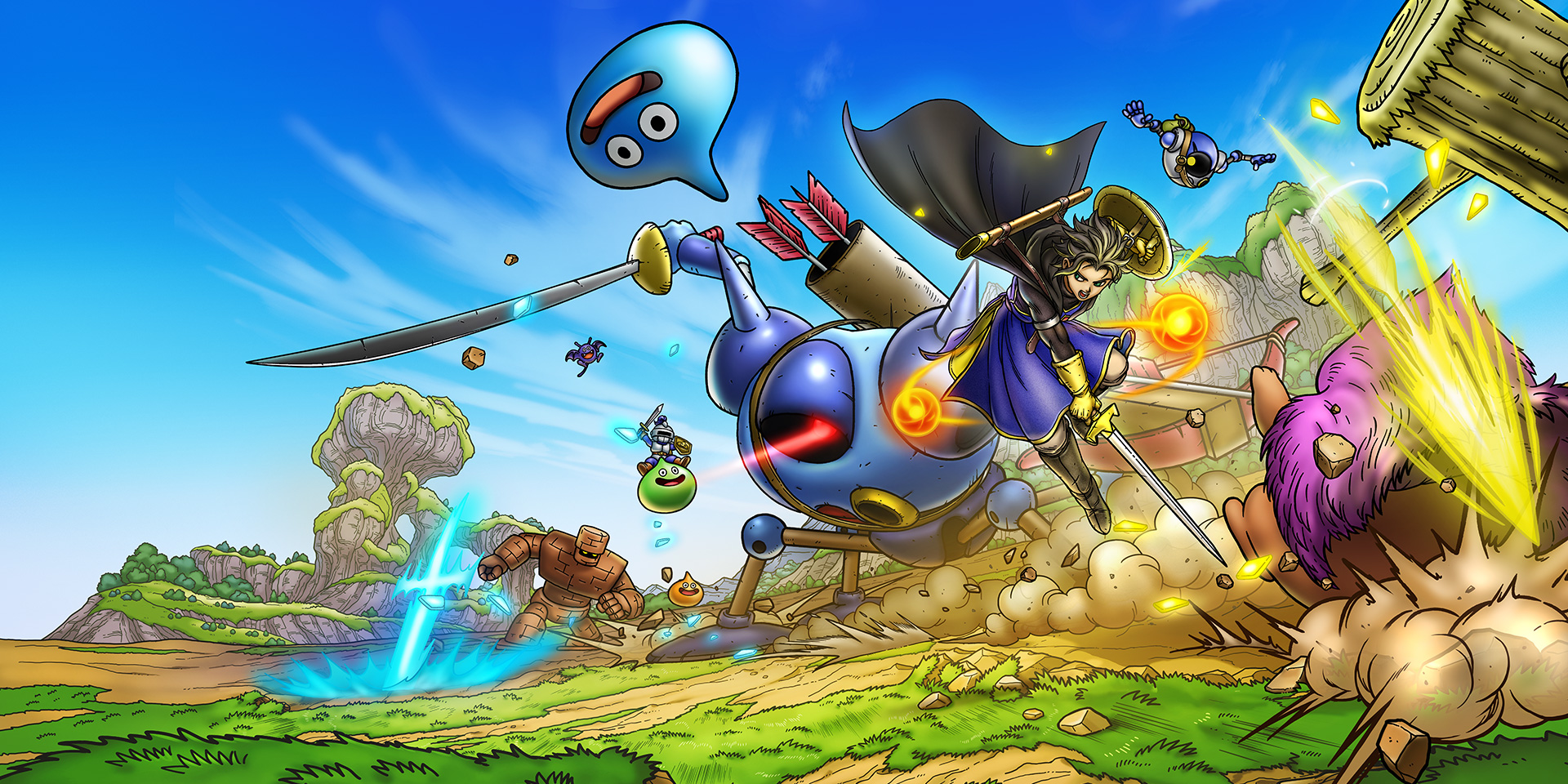 dracky, golem (dragon quest), hammerhood (dragon quest), killing machine (dragon quest), she-slime, slime (dragon quest), slime knight, dragon quest, artist request, character request, highres, official art, third-party source, 1boy, armlet, asymmetrical dual wielding, black cape, black shirt, blue sky, blue tabard, boots, bow (weapon), brown boots, brown hair, brown pants, cape, creature, crossbow, day, dragon quest smash grow, dual wielding, dust cloud, fighting, gloves, grass, green eyes, hammer, hero (dqsg), holding, holding shield, holding sword, holding weapon, jewelry, monster, open mouth, outdoors, pants, quiver, robot, scabbard, sheath, shield, shirt, short hair, silver armlet, sky, sword, tabard, weapon, yellow gloves