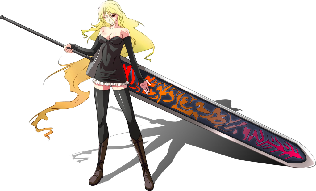 1girl, bare shoulders, black dress, black thighhighs, blonde hair, boots, breasts, cleavage, detached sleeves, dress, female focus, huge weapon, long hair, one eye closed, red eyes, shadow, simple background, solo, standing, sword, thighhighs, very long hair, weapon, white background, wink, zettai ryouiki
