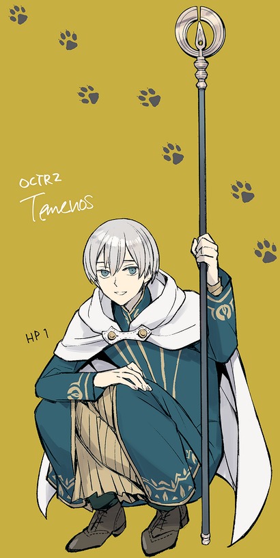 grel (r6hgvu5), temenos mistral, octopath traveler, octopath traveler ii, commentary, symbol-only commentary, 1boy, blue eyes, blue robe, brown shoes, cape, character name, copyright name, holding, holding staff, hood, hooded cape, looking at viewer, male focus, robe, shoes, short hair, smile, solo, staff, white cape, white hair, yellow background