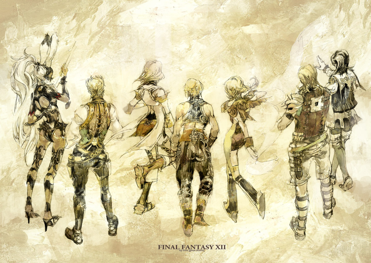 mos, ashelia b'nargin dalmasca, balflear, basch fon ronsenburg, fran (ff12), larsa ferrinas solidor, penelo, vaan (ff12), final fantasy, final fantasy xii, ivalice alliance, 00s, 3girls, 4boys, animal ears, ass, black hair, blonde hair, boots, dark-skinned female, dark skin, everyone, from behind, high heels, lineup, long hair, multiple boys, multiple girls, ponytail, pteruges, rabbit ears, shoes, short hair, shorts, skirt, very long hair, viera, white hair