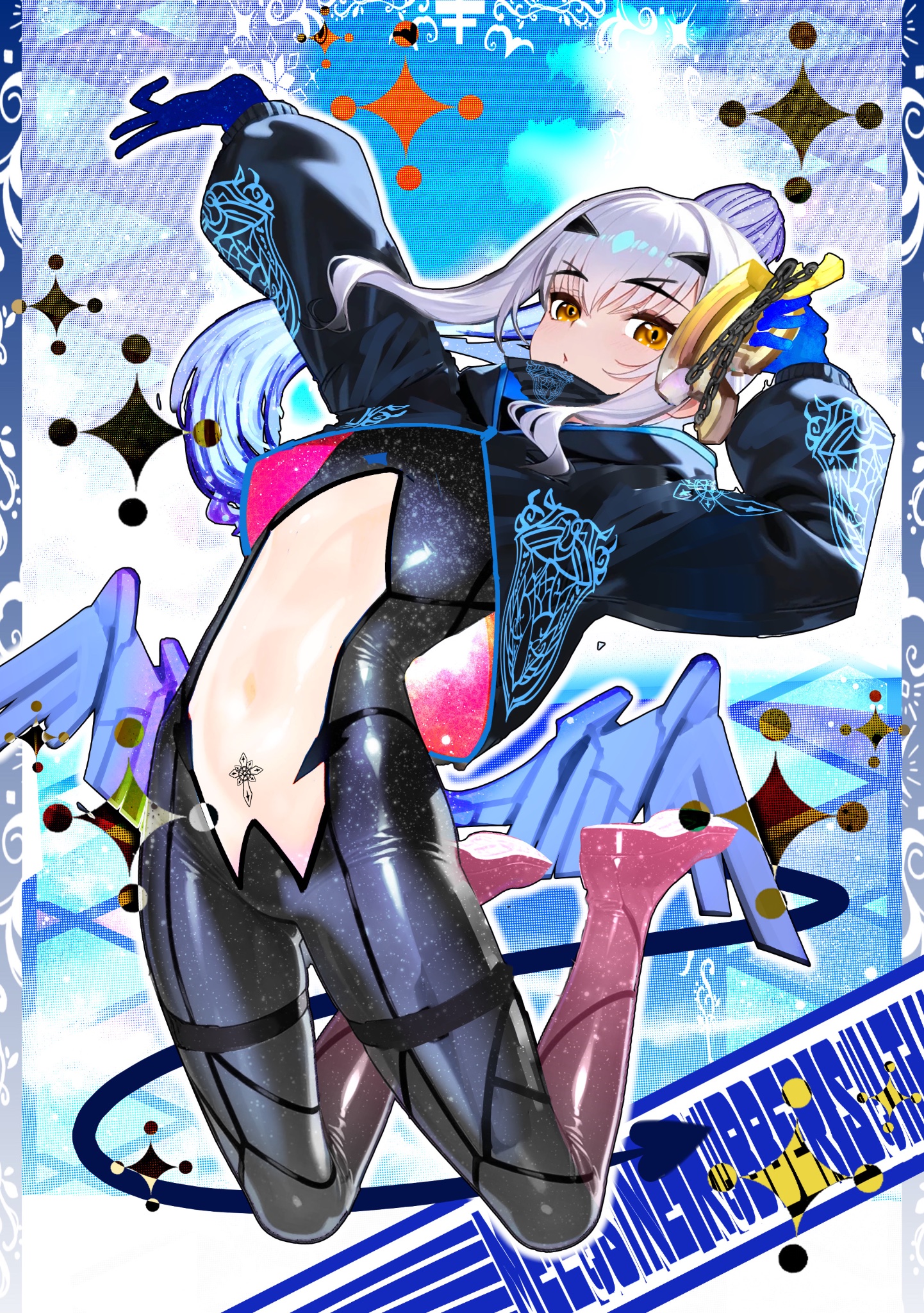 kitsunebi44410, melusine (fate), fate/grand order, fate (series), highres, 1girl, blush, bodysuit, breasts, center opening, clothing cutout, dragon wings, forked eyebrows, long hair, looking at viewer, navel, open mouth, revealing clothes, sidelocks, small breasts, solo, thighs, very long hair, white hair, wings, yellow eyes