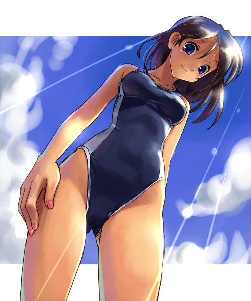 katahira masashi, original, 1girl, bare shoulders, black hair, blue eyes, blue hair, cloud, competition swimsuit, cowboy shot, day, dutch angle, female focus, from below, highleg, highleg one-piece swimsuit, looking down, matching hair/eyes, nail polish, one-piece swimsuit, outdoors, pink nails, school swimsuit, short hair, single vertical stripe, sky, smile, solo, swimsuit