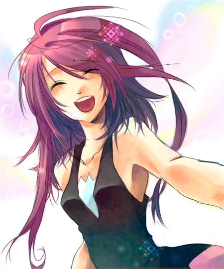 dawn (pokemon), nintendo, pokemon, 1girl, :d, ^ ^, blush, closed eyes, female focus, happy, long hair, open mouth, purple hair, simple background, smile, solo, white background