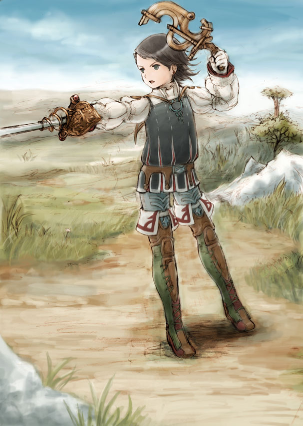 piranosuke, larsa ferrinas solidor, final fantasy, final fantasy xii, 00s, 1boy, boots, dual wielding, holding, male focus, prince, pteruges, solo, sword, weapon