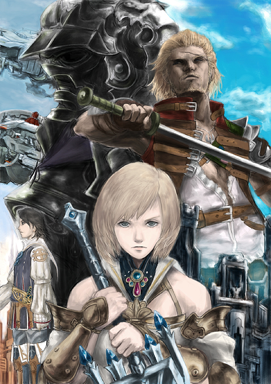 fukuhara tetsuya, ashelia b'nargin dalmasca, basch fon ronsenburg, gabranth, gabranth (ff12), larsa ferrinas solidor, final fantasy, final fantasy xii, bad id, bad pixiv id, 00s, 1girl, 2boys, armor, multiple boys, prince, princess, pteruges, sword, weapon