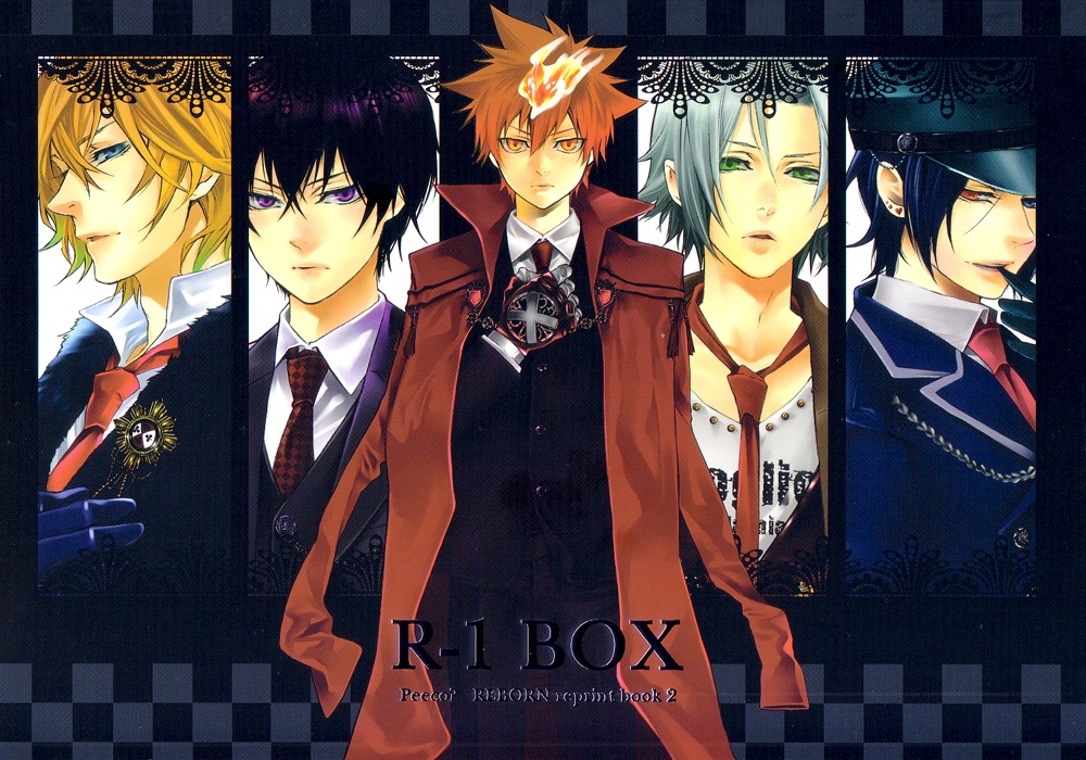 dino, dino cavallone, gokudera hayato, hibari kyouya, rokudou mukuro, sawada tsunayoshi, katekyo hitman reborn!, silver hair, 00s, 5boys, black hair, blonde hair, coat, collar, cowboy shot, expressionless, formal clothes, long sleeves, looking at viewer, multiple boys, open clothes, open coat, orange hair, spiked hair, suit