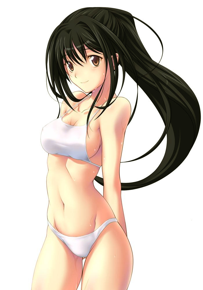 1girl, bikini, black hair, breasts, brown eyes, female focus, long hair, medium breasts, navel, ponytail, solo, swimsuit, wet, white bikini