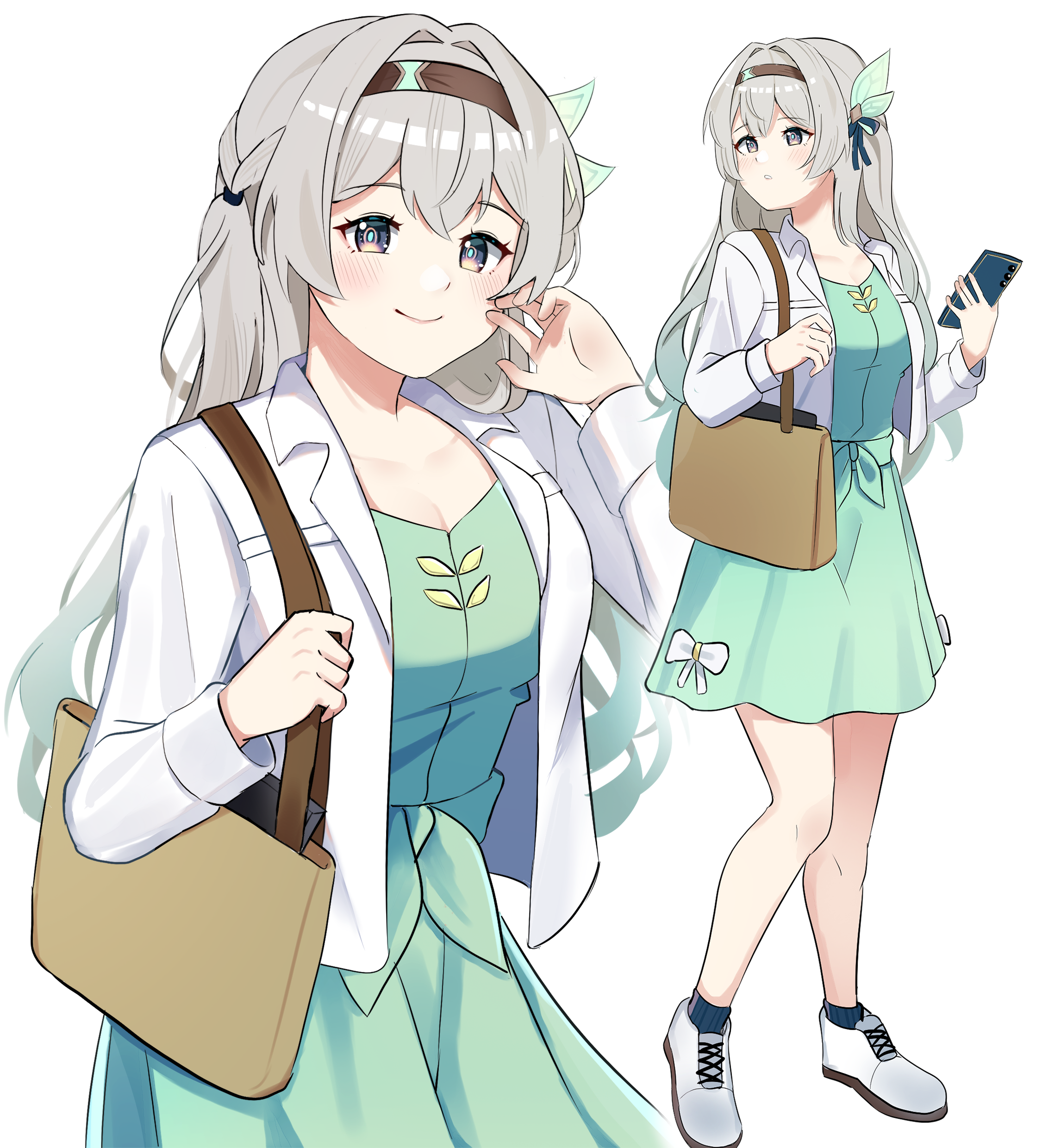 erushira, firefly (honkai: star rail), honkai: star rail, honkai (series), absurdres, highres, 1girl, alternate costume, bag, blush, breasts, cleavage, closed mouth, collarbone, dress, full body, gradient hair, green dress, green hair, grey hair, holding, holding phone, jacket, long hair, looking at viewer, medium breasts, multicolored hair, parted lips, phone, pink eyes, shoulder bag, simple background, smile, white background, white jacket