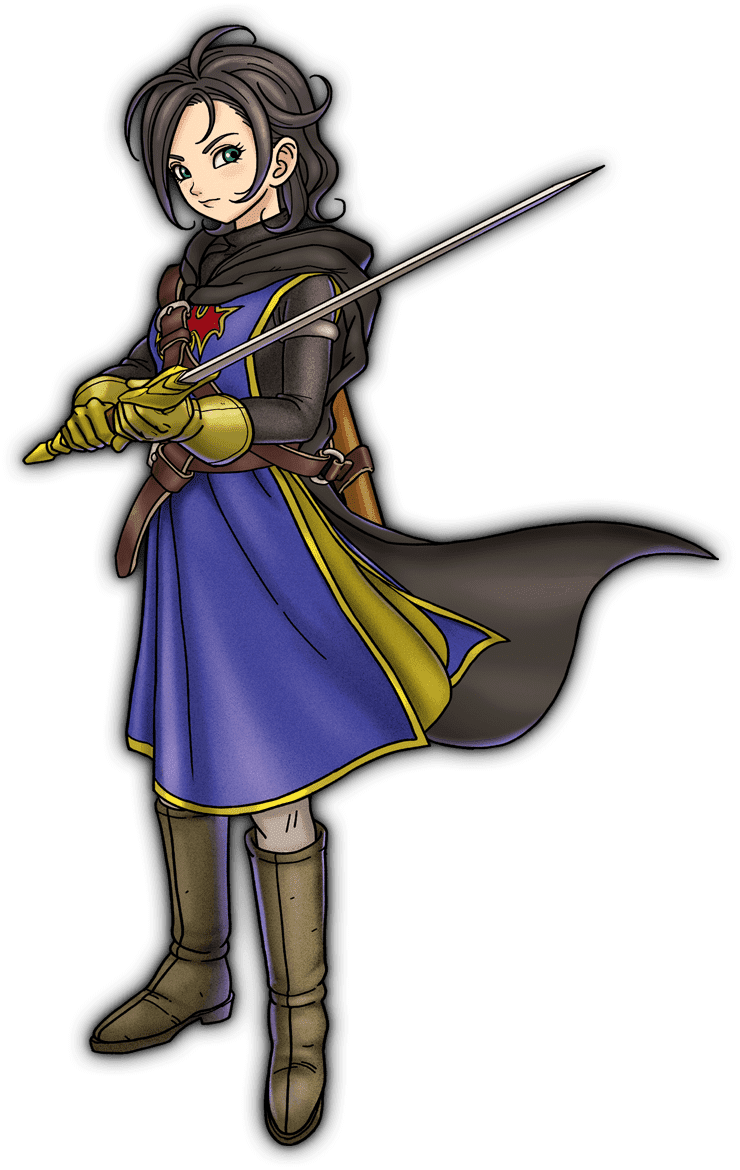 dragon quest, artist request, official art, third-party source, 1girl, armlet, belt, black cape, black shirt, blue tabard, boots, brown belt, brown boots, brown hair, brown pants, cape, dragon quest smash grow, floating clothes, full body, gloves, green eyes, heroine (dqsg), holding, holding sword, holding weapon, jewelry, looking to the side, pants, scabbard, sheath, shirt, short hair, silver armlet, skirt, sword, tabard, transparent background, weapon, yellow gloves, yellow skirt