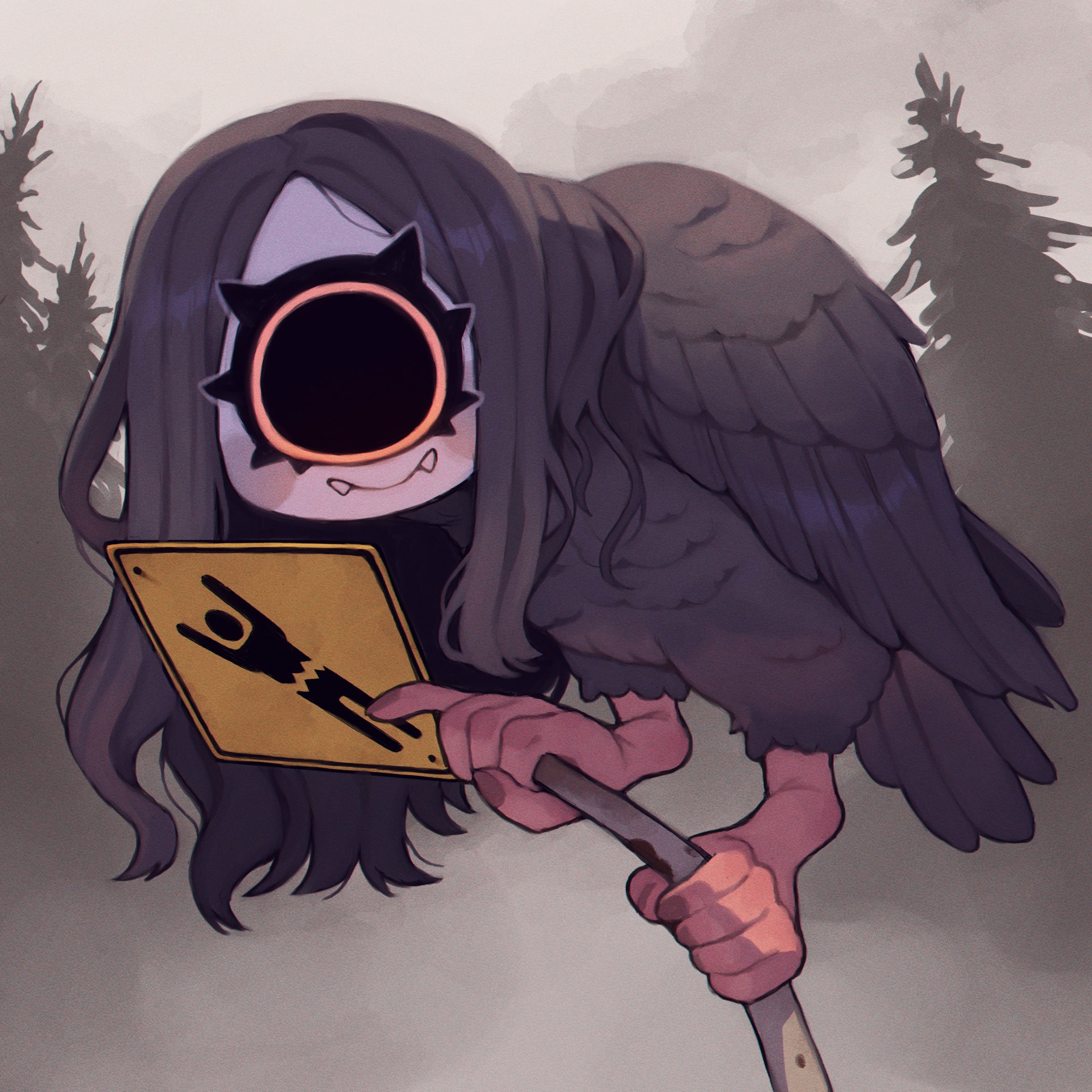 zombiemiso, original, commentary request, highres, black eyes, black hair, black wings, closed mouth, colored skin, eyelashes, fangs, fangs out, forest, looking at viewer, monster girl, nature, one-eyed, outdoors, sign, smile, wavy hair, white skin, wings