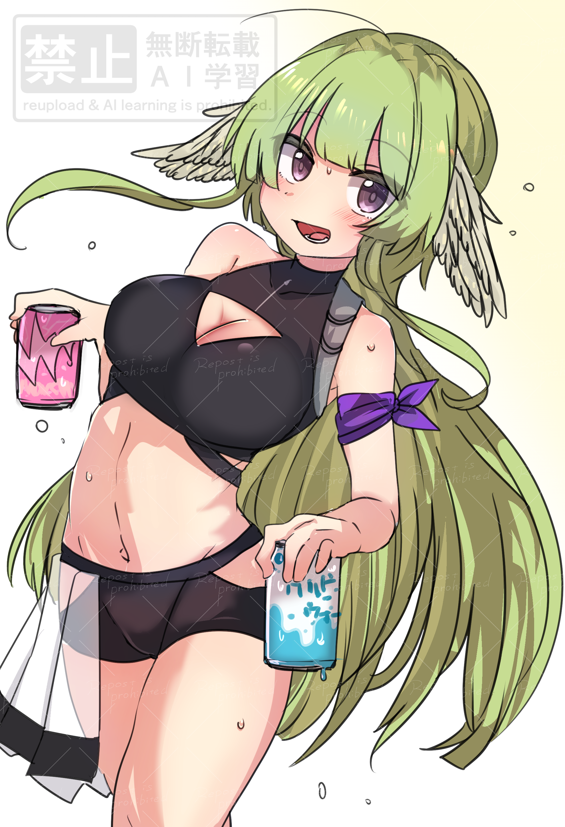 kojita kenchin, poncirus (arknights), poncirus (to rest in night breezes) (arknights), arknights, absurdres, commentary request, highres, 1girl, bare shoulders, breasts, can, cleavage, cleavage cutout, clothing cutout, crop top, gradient background, green hair, hat, head wings, holding, holding can, large breasts, long hair, looking at viewer, lower teeth only, navel, official alternate costume, open mouth, purple eyes, sleeveless, solo, teeth, wings