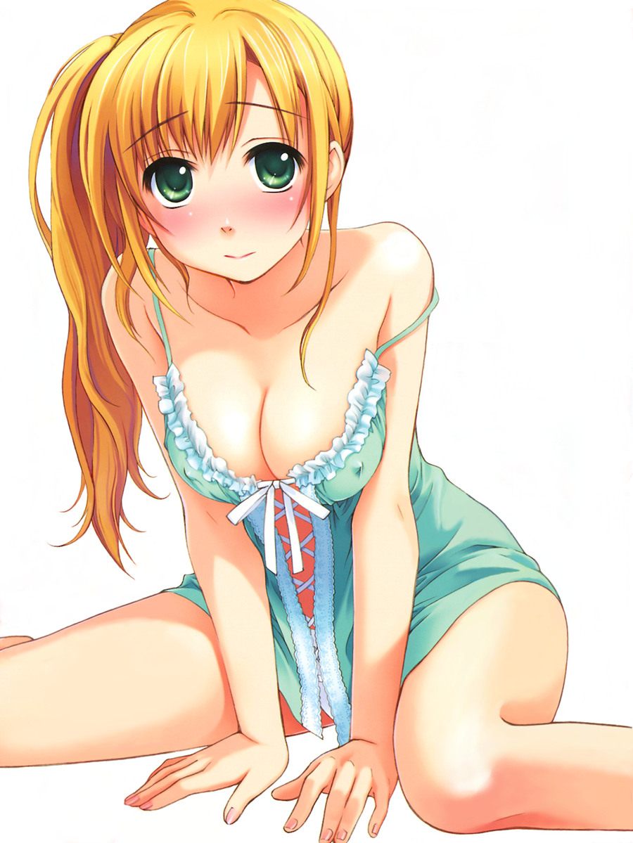 ginta, 1girl, arm support, babydoll, bare shoulders, blonde hair, blush, breasts, breasts squeezed together, cleavage, covered erect nipples, female focus, front-tie top, green eyes, lace, long hair, panties, side ponytail, simple background, sitting, solo, strap slip, underwear, wariza, white background, white panties