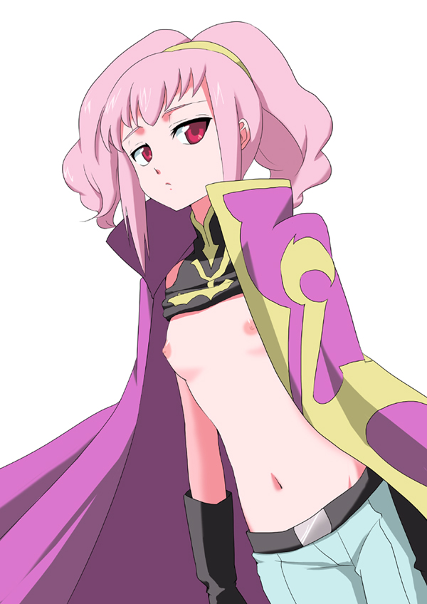 ica, inaka, anya alstreim, code geass, bad id, bad pixiv id, 00s, 1girl, breasts, cape, clothes lift, female focus, gloves, hairband, navel, nipples, pink eyes, pink hair, shirt lift, shorts, small breasts, solo