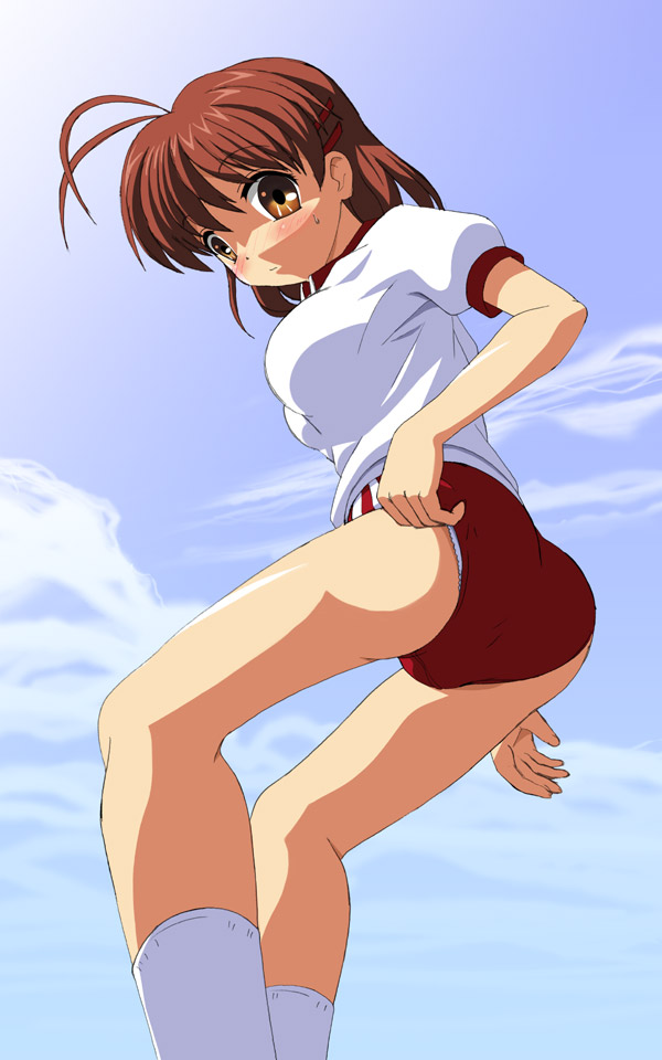 hiraizumi (mugenkidousha), furukawa nagisa, clannad, 00s, antenna hair, ass, blush, brown eyes, brown hair, buruma, gym uniform, key, socks, solo