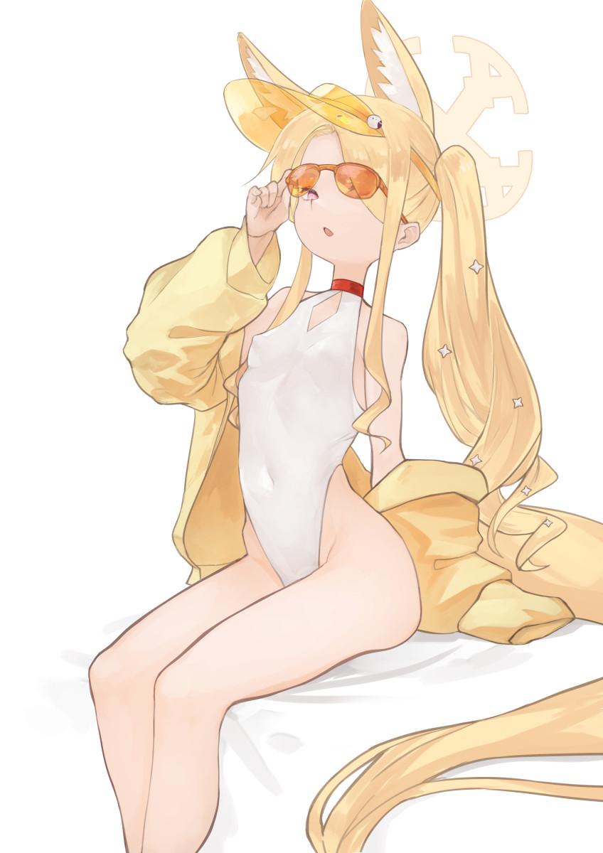 seia (blue archive), seia (swimsuit) (blue archive), blue archive, highres, 1girl, above-cleavage cutout, animal ear fluff, animal ears, blonde hair, breasts, clothing cutout, cross halo, diamond cutout, fox ears, fox girl, halo, hlg (hlgfff), jacket, long hair, looking at viewer, official alternate costume, one-piece swimsuit, side ponytail, sitting, small breasts, solo, sunglasses, swimsuit, tinted eyewear, visor cap, white one-piece swimsuit, yellow halo, yellow jacket, yellow visor