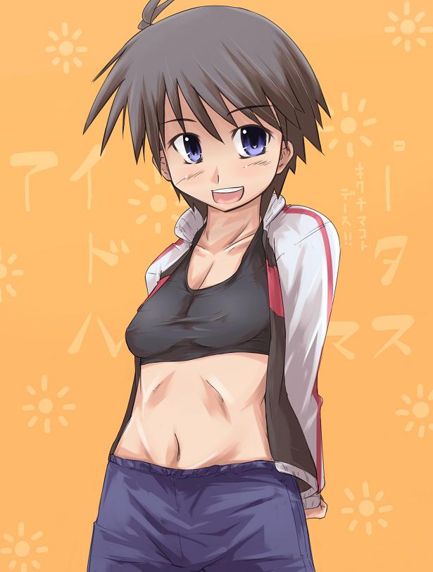 xo160, kikuchi makoto, idolmaster, idolmaster (classic), idolmaster 1, bad id, bad pixiv id, 00s, blue eyes, brown hair, midriff, raglan sleeves, short hair, solo