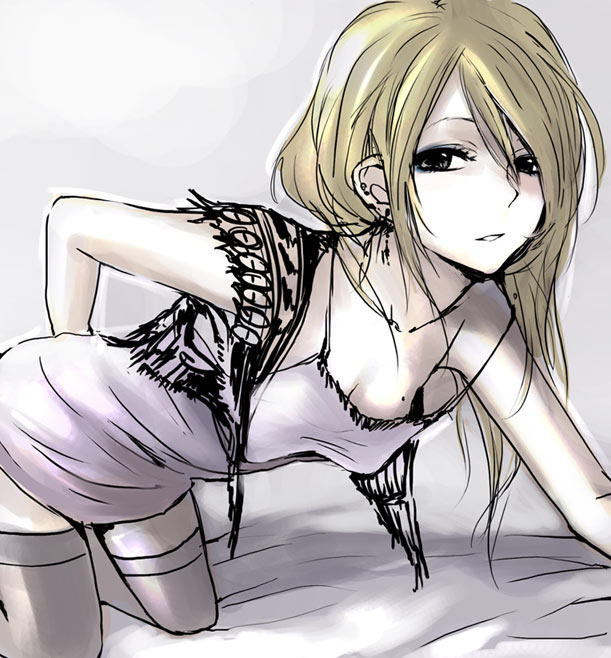 yokoyari mengo, original, bad id, bad pixiv id, 1boy, all fours, androgynous, blonde hair, breasts, dress, long hair, male focus, mole, mole on breast, small breasts, solo, thighhighs, trap