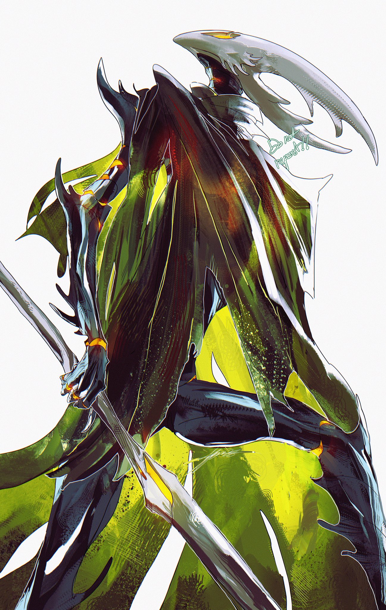 itsalpha, hollow knight (character), hollow knight, commentary, english commentary, highres, 1other, black skin, cloak, colored skin, green cloak, holding, holding sword, holding weapon, horns, other focus, sword, weapon, yellow eyes