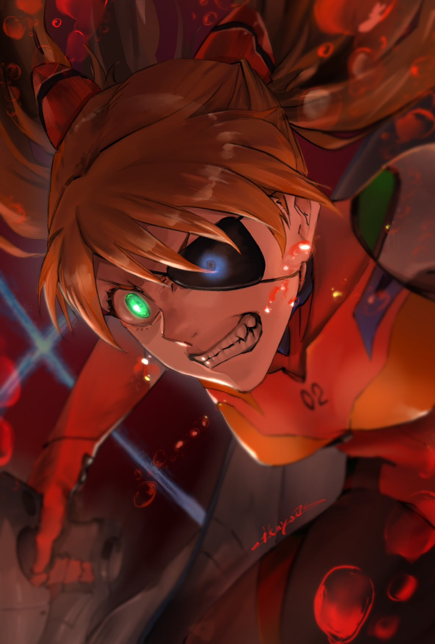 ikuyoan, souryuu asuka langley, evangelion: 3.0 you can (not) redo, neon genesis evangelion, rebuild of evangelion, highres, 1girl, abstract background, angry, blue eyes, bodysuit, breasts, bubble, clenched teeth, eyepatch, fang, floating hair, furious, glowing, glowing eyes, green eyes, hair ornament, heterochromia, holding, interface headset (evangelion), long hair, looking ahead, mecha pilot suit, one eye covered, orange hair, parted bangs, plugsuit (evangelion), red background, red bodysuit, signature, sitting, solo, striped background, striped bodysuit, submerged, teeth, twitter username