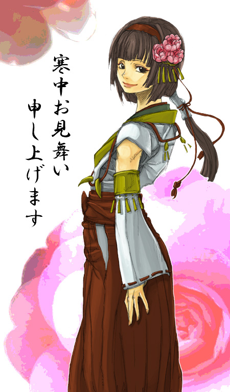 okuni, sengoku musou, translation request, 1girl, blunt bangs, detached sleeves, female focus, flower, hair flower, hair ornament, hairband, hairpin, hakama, hakama short skirt, hakama skirt, japanese clothes, long hair, long sleeves, looking at viewer, ponytail, red skirt, simple background, skirt, solo, white background