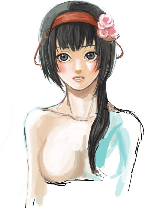okuni, sengoku musou, 1girl, black hair, blush, breasts, clenched teeth, collarbone, female focus, hair over breasts, looking at viewer, looking back, ponytail, simple background, solo, teeth, white background