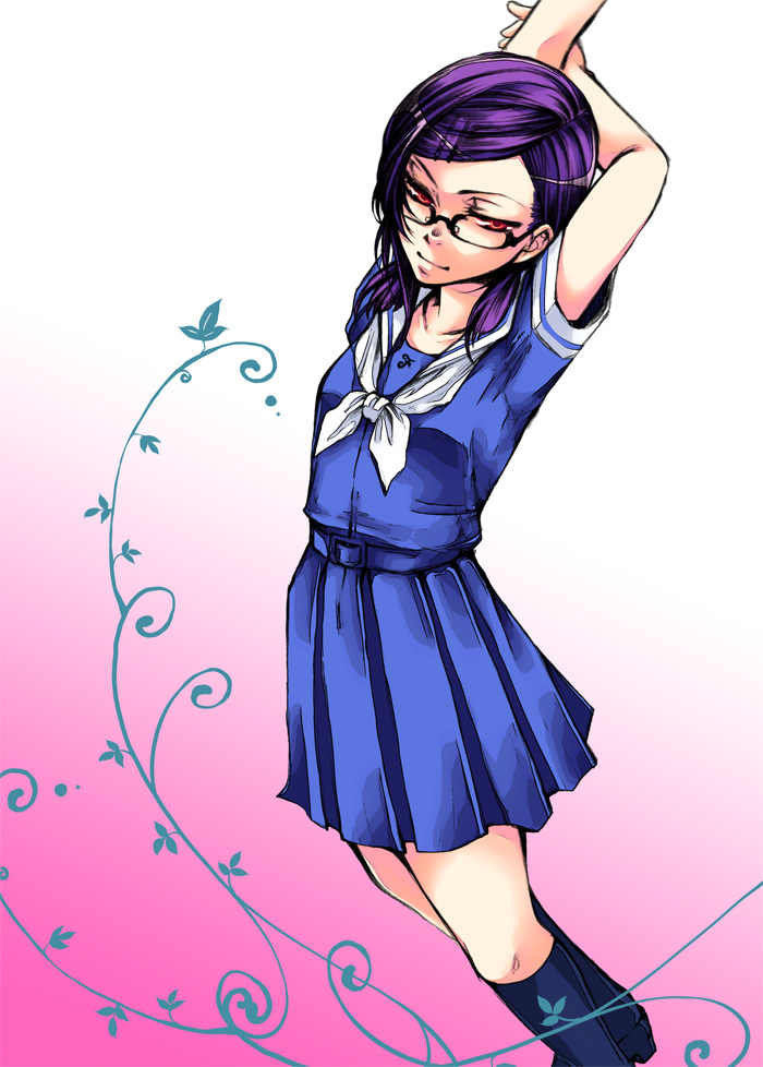 kamitani (laikaloid), tieria erde, gundam, gundam 00, 00s, 1girl, female focus, genderswap, genderswap (mtf), glasses, hair ornament, hairclip, purple hair, red eyes, school uniform, serafuku, solo, stretching