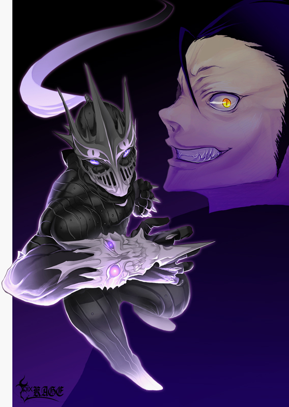 char, pixiv, pixiv shadow, 2boys, armor, male focus, mask, monster, multiple boys