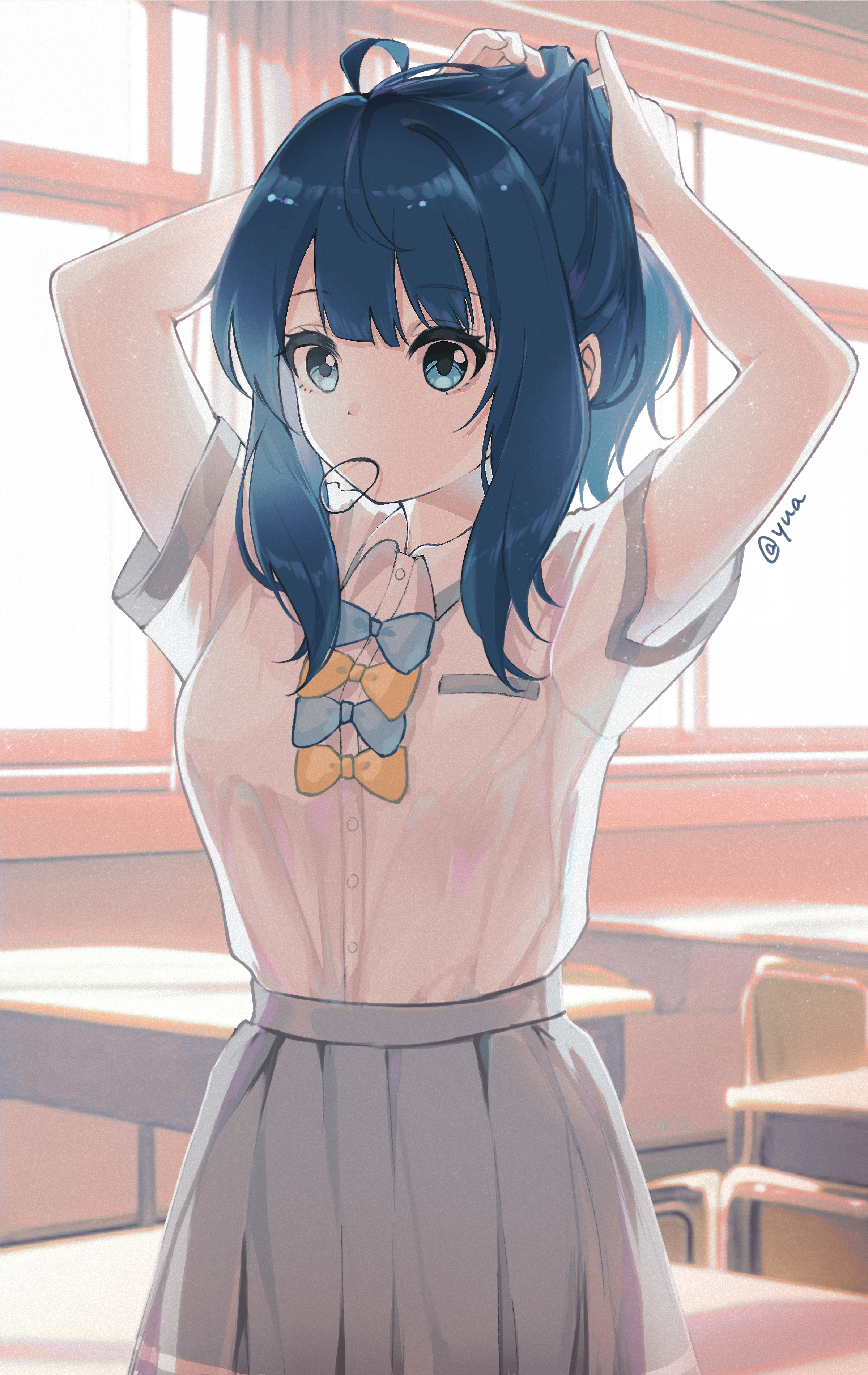 yua (0629xm), yanami anna, make heroine ga oo sugiru!, absurdres, commentary request, highres, 1girl, ahoge, alternate hairstyle, arms up, artist name, blue bow, blue bowtie, blue eyes, blue hair, bow, bowtie, chair, classroom, desk, dot nose, grey skirt, hair tie in mouth, indoors, looking at viewer, mouth hold, pleated skirt, school chair, school desk, school uniform, shirt, sidelocks, skirt, solo, tying hair, white shirt, yellow bow, yellow bowtie