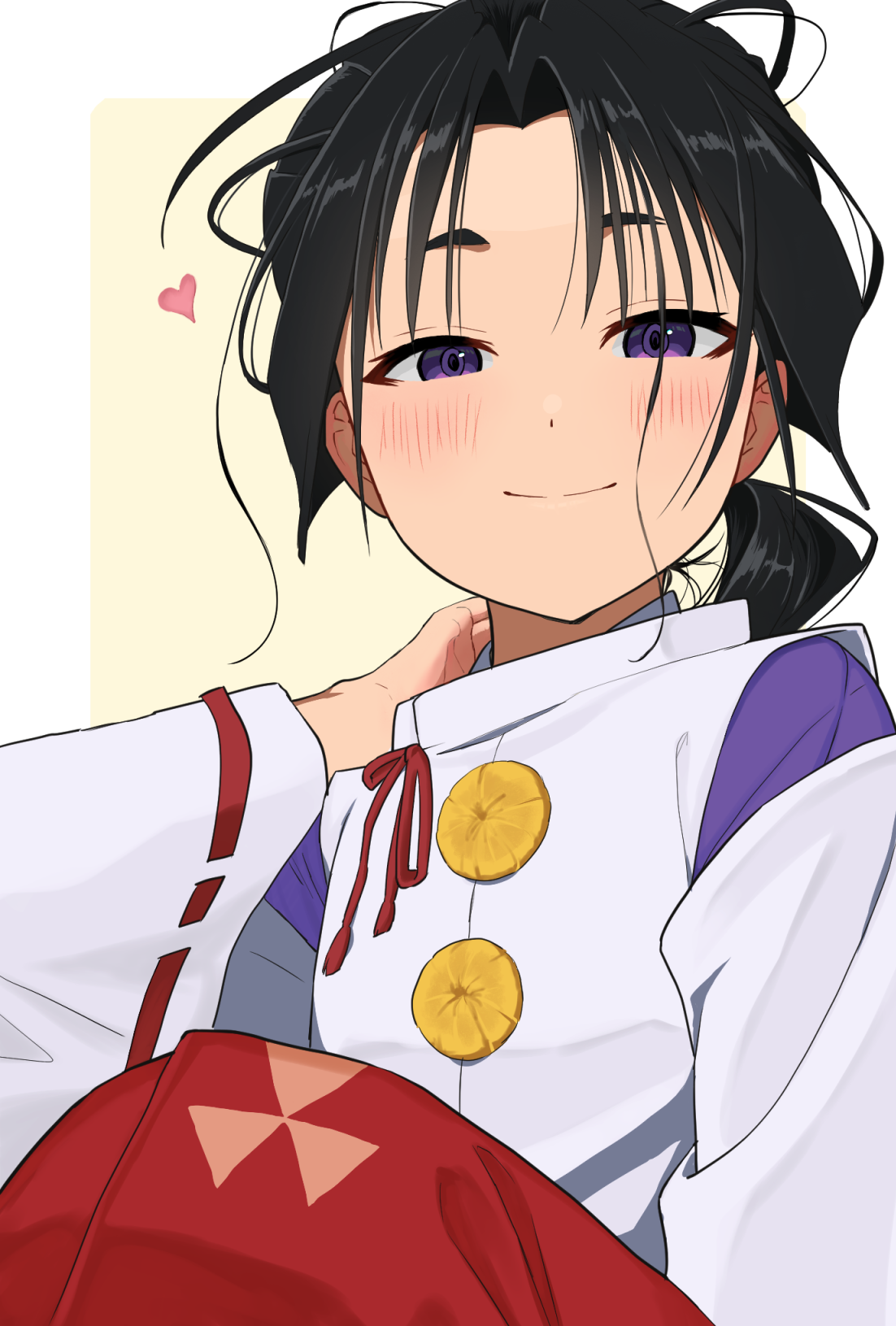 apmix, houjou tokiyuki (nige jouzu no wakagimi), nige jouzu no wakagimi, commentary request, highres, 1boy, black hair, blush, border, closed mouth, dot nose, heart, looking at viewer, loose hair strand, male focus, outside border, purple eyes, smile, solo, trap, white border, yellow background