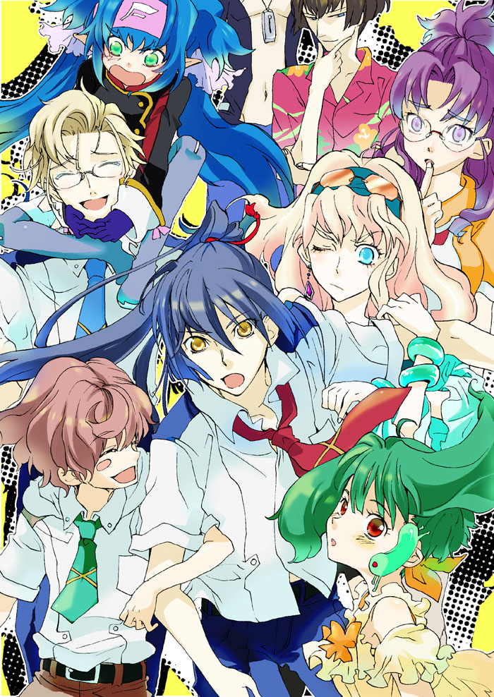 mooche, brera sterne, klan klein, luca angeloni, matsuura nanase, mikhail buran, mishima leon, ranka lee, saotome alto, sheryl nome, macross, macross frontier, 00s, 4girls, 5boys, angry, blush, glasses, happy, hug, multiple boys, multiple girls, pointy ears